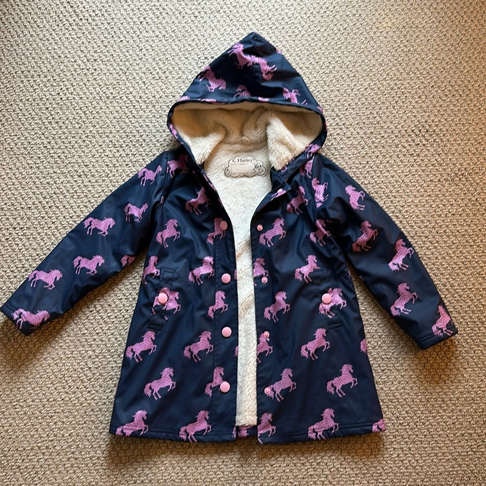 Hatley fleece-lined raincoat with horse print girls size 10
